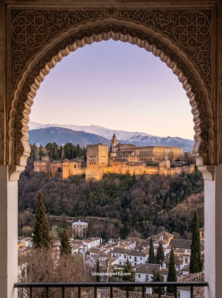 Granada Alhambra palace at sunset in winter framed by Moorish arch with Sierra Nevada mountains in background