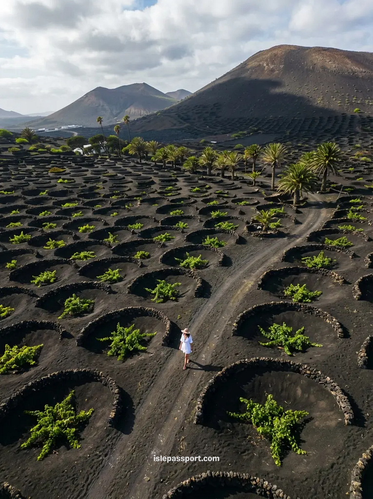 Lanzarote La Geria wine region in winter with unique volcanic stone walls protecting vines on black lava soil