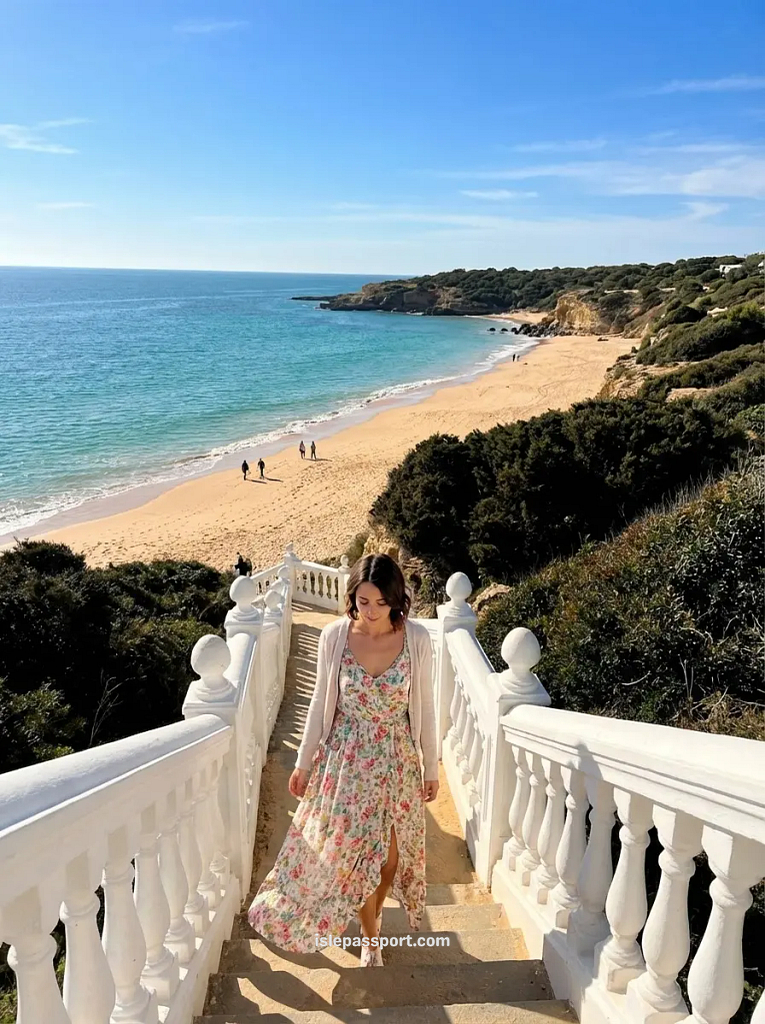 Los Caños de Meca beach in winter with turquoise Atlantic water and golden sand on Andalusia coast