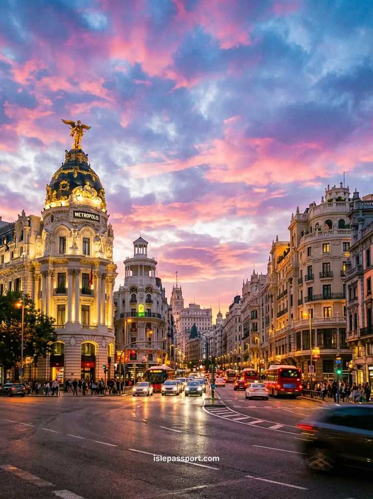 Madrid Gran Vía at sunset in winter with dramatic pink clouds and illuminated Metropolis Building