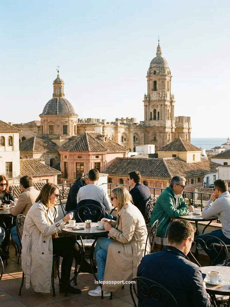 Málaga city in winter with people sitting at outdoor cafés near the cathedral