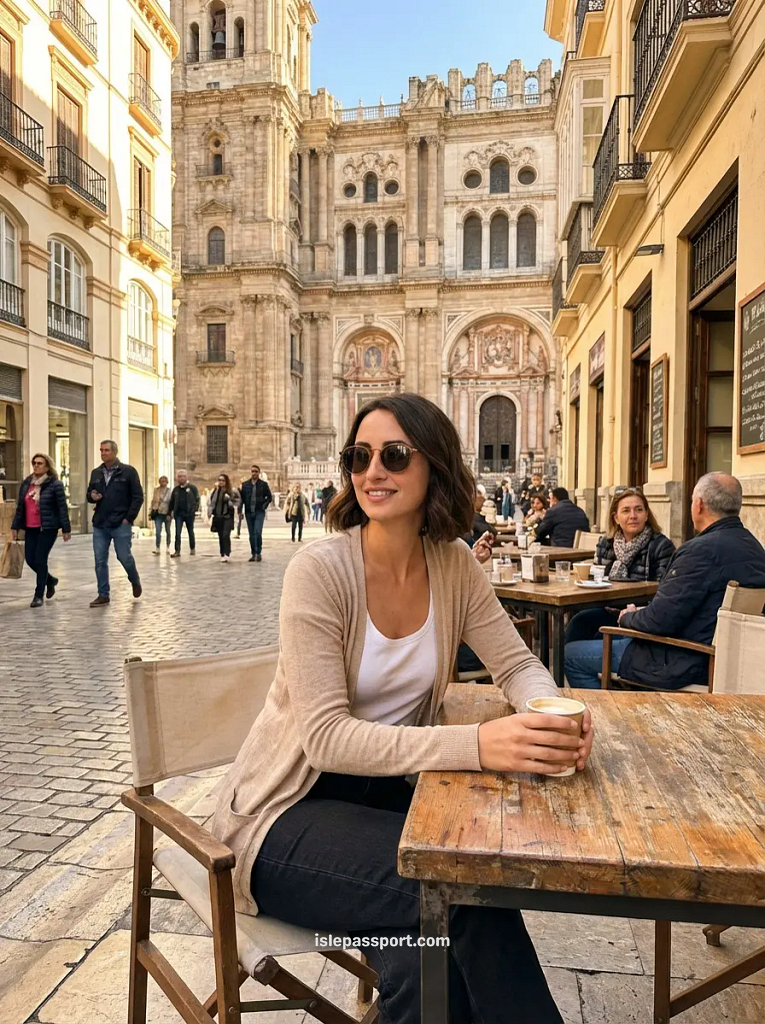Malaga in winter with mild weather and outdoor cafes in the city center