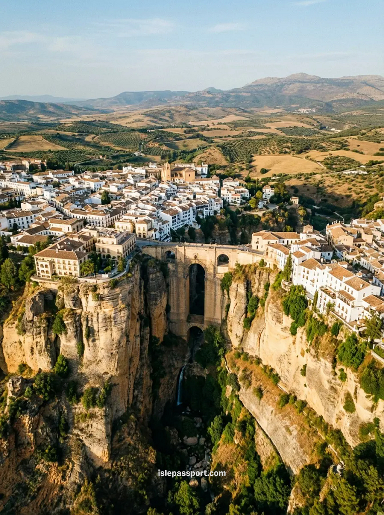 Ronda Puente Nuevo bridge spanning dramatic El Tajo gorge in winter with Andalusian countryside views
