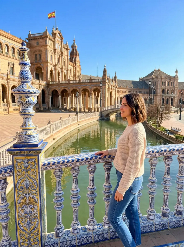 Seville Plaza de España in winter with ornate ceramic tile bridges and Renaissance architecture during sunny weather