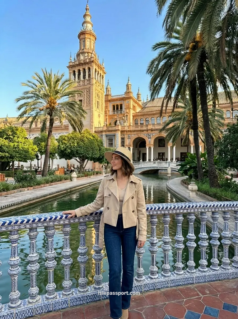 Seville Plaza de España in winter showing mild warm weather allowing light summer clothing and outdoor activities