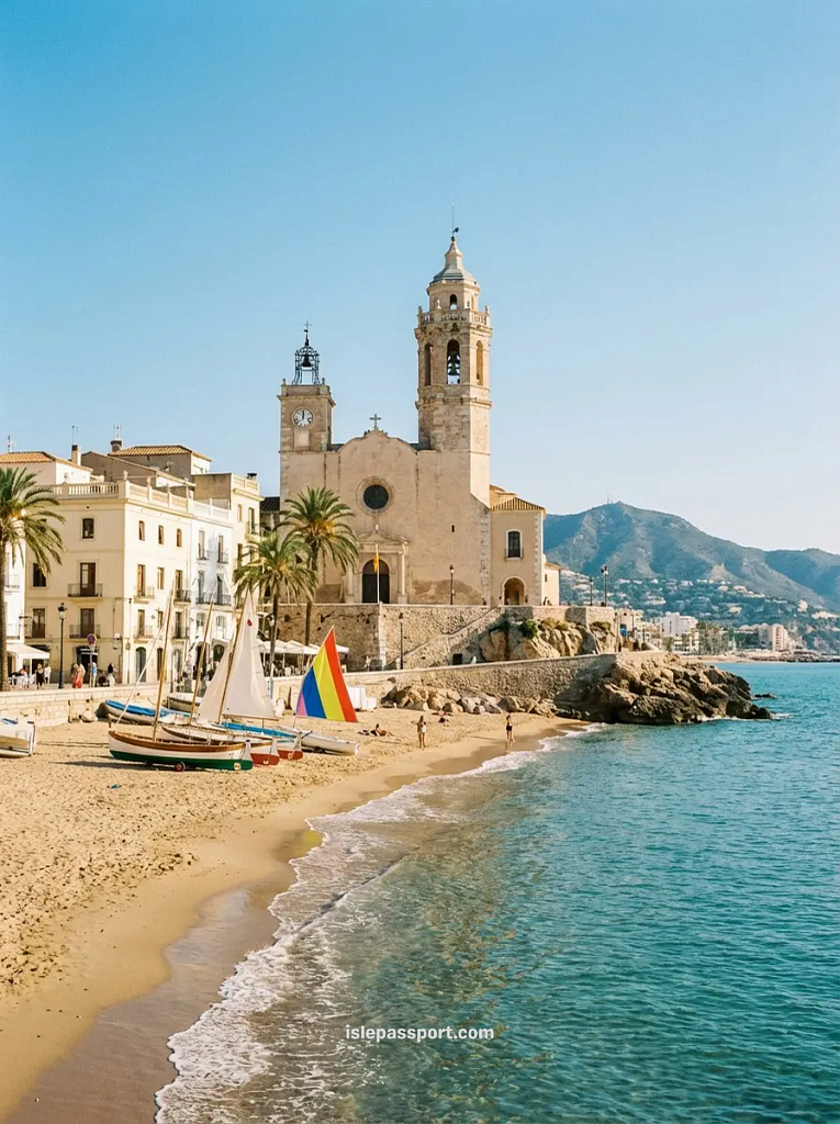 Sitges beach and Church of Sant Bartomeu in winter with golden sand and turquoise Mediterranean water near Barcelona