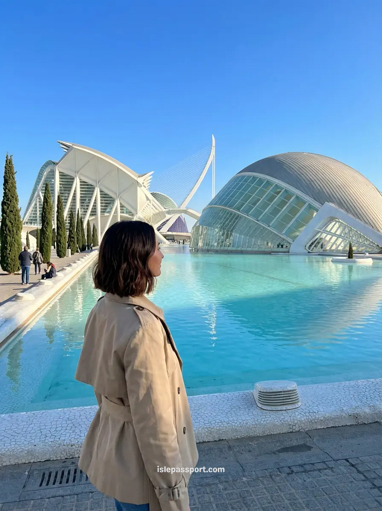 Valencia City of Arts and Sciences in winter with futuristic white architecture and turquoise pools under clear blue sky