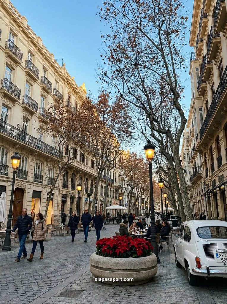 Valencia winter street scene with outdoor cafes, people in light jackets, and Belle Époque architecture during mild weather