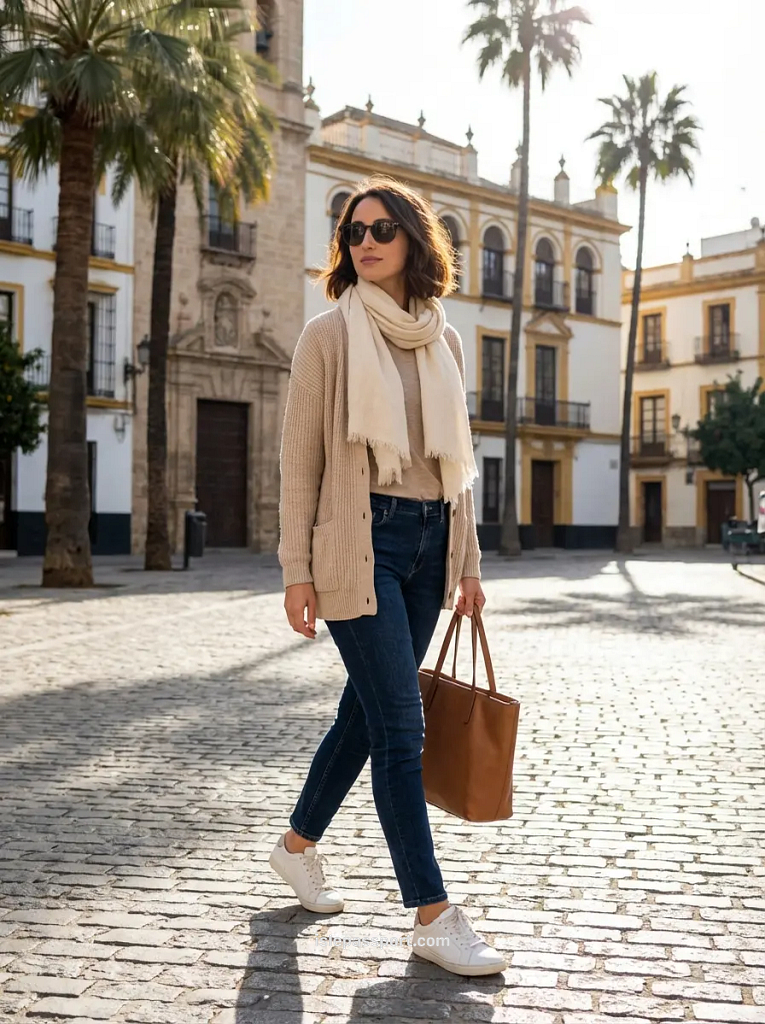 What to wear in Spain in February with light jacket, layers, and comfortable walking shoes