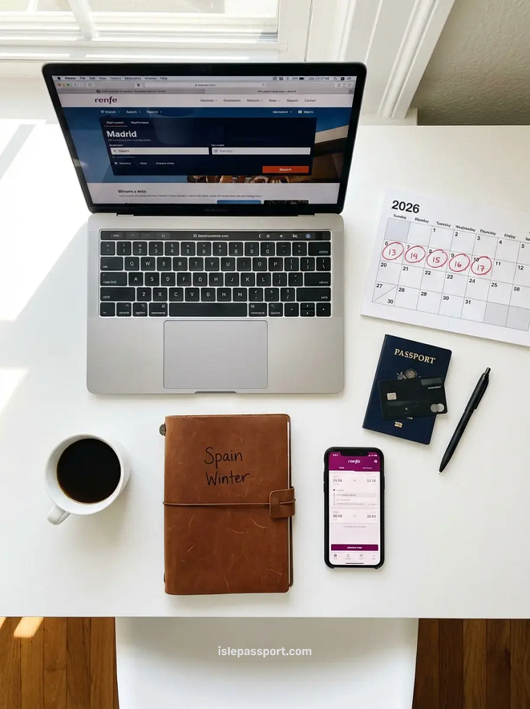 Planning when to book Spain winter trip showing laptop with flight search, calendar, and travel booking timing for best prices