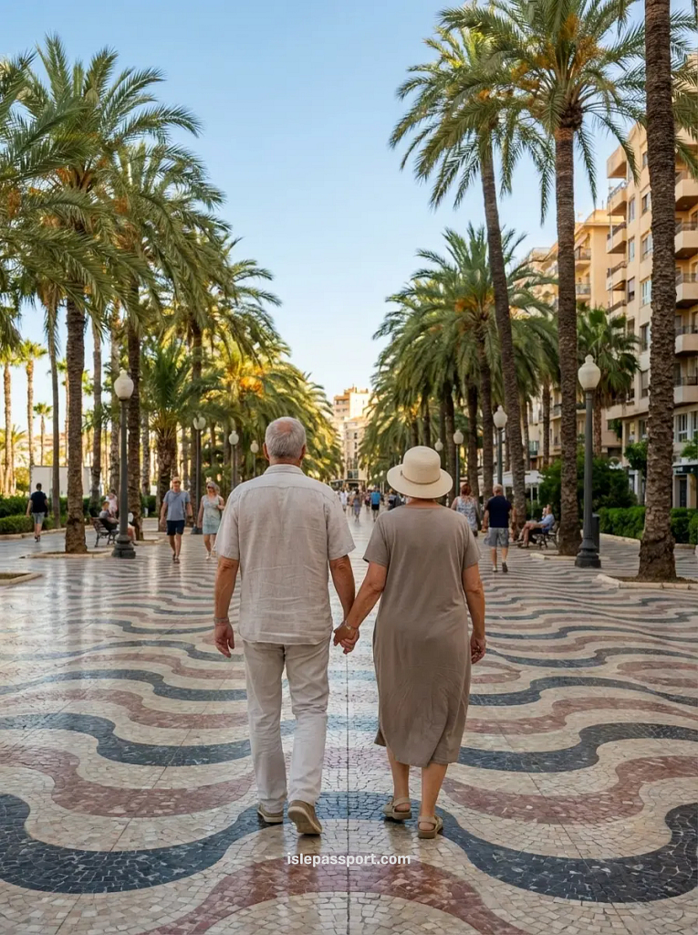 A senior couple holding hands and walking from behind down the mosaic-tiled Explanada de España in Alicante, framed by towering palm trees under a blue sky, showcasing the ideal retiree lifestyle in Spanish coastal cities.