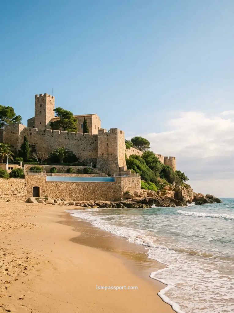 A view from the sandy shore of Altafulla beach, leading towards the ancient, well-preserved medieval castle (Castell de Tamarit) perched on a rocky promontory overlooking the Mediterranean Sea under a clear blue sky.