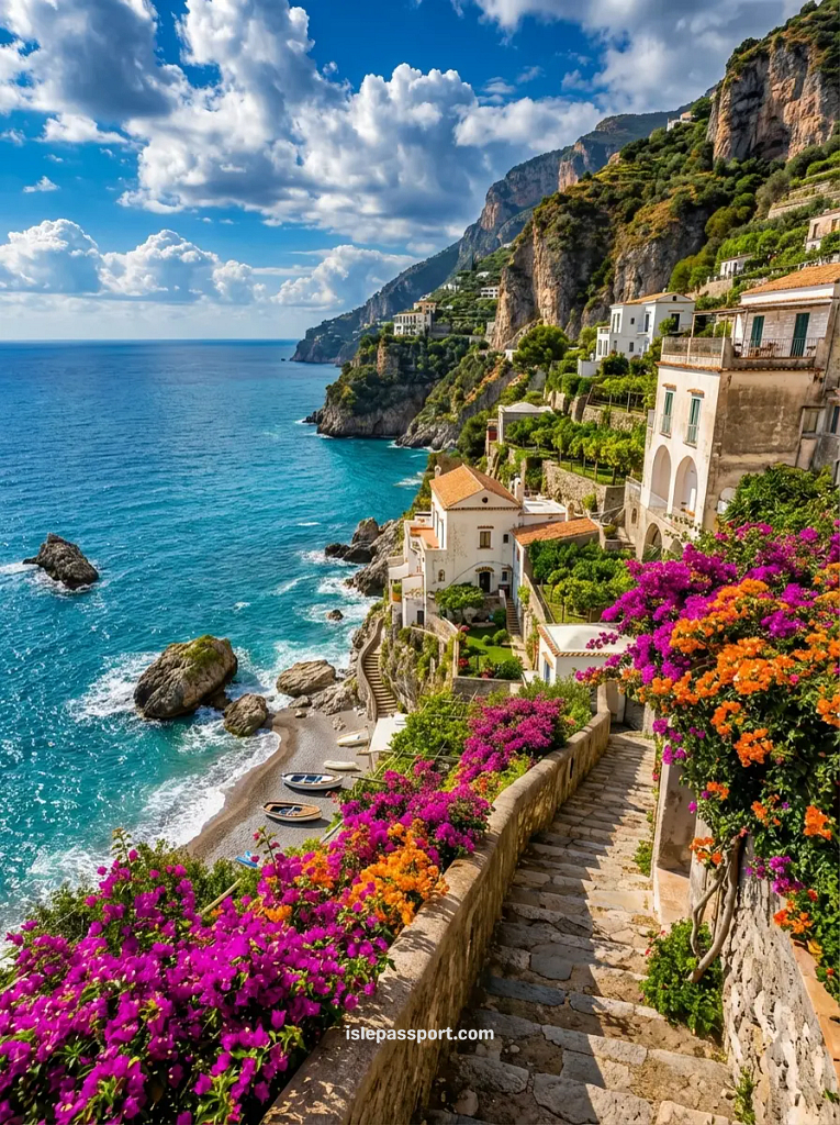 Stone steps with bougainvillea and white villas on the Amalfi Coast cliffside above turquoise sea