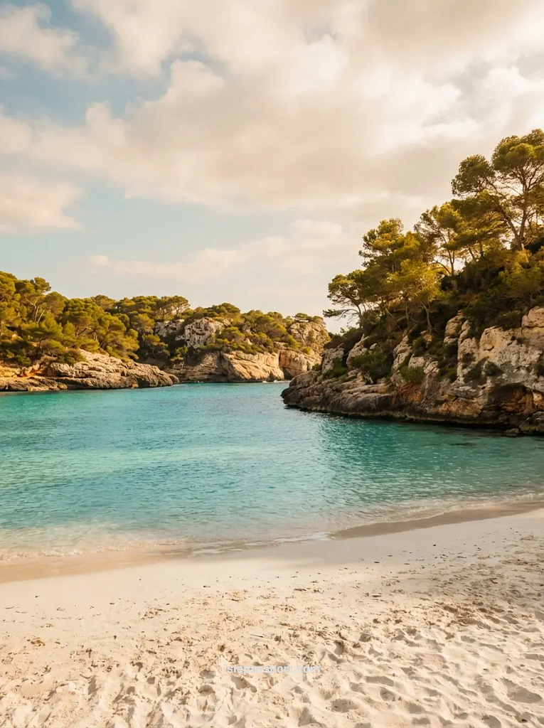 A secluded view of Cala Turqueta in Menorca, Spain, featuring vibrant turquoise water, a white sand beach, and a dense pine forest backdrop under a cloudy sky.