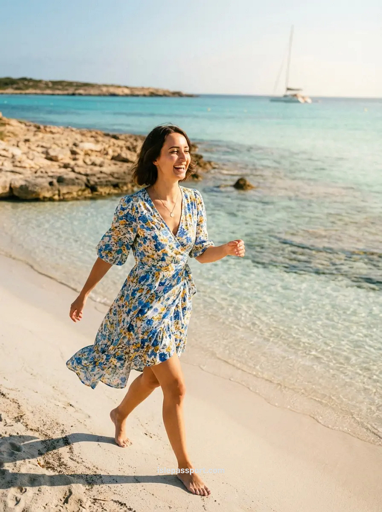 woman walking on Playa de Ses Illetes, Formentera – one of the best beaches in Spain for clear water