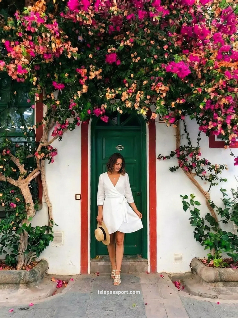 A woman in a white wrap dress holds a straw hat and stands in a picturesque doorway of Puerto de Mogán, Gran Canaria, which is framed by dramatic arches and massive clusters of bright pink and peach bougainvillea flowers against a white building with green trim.
