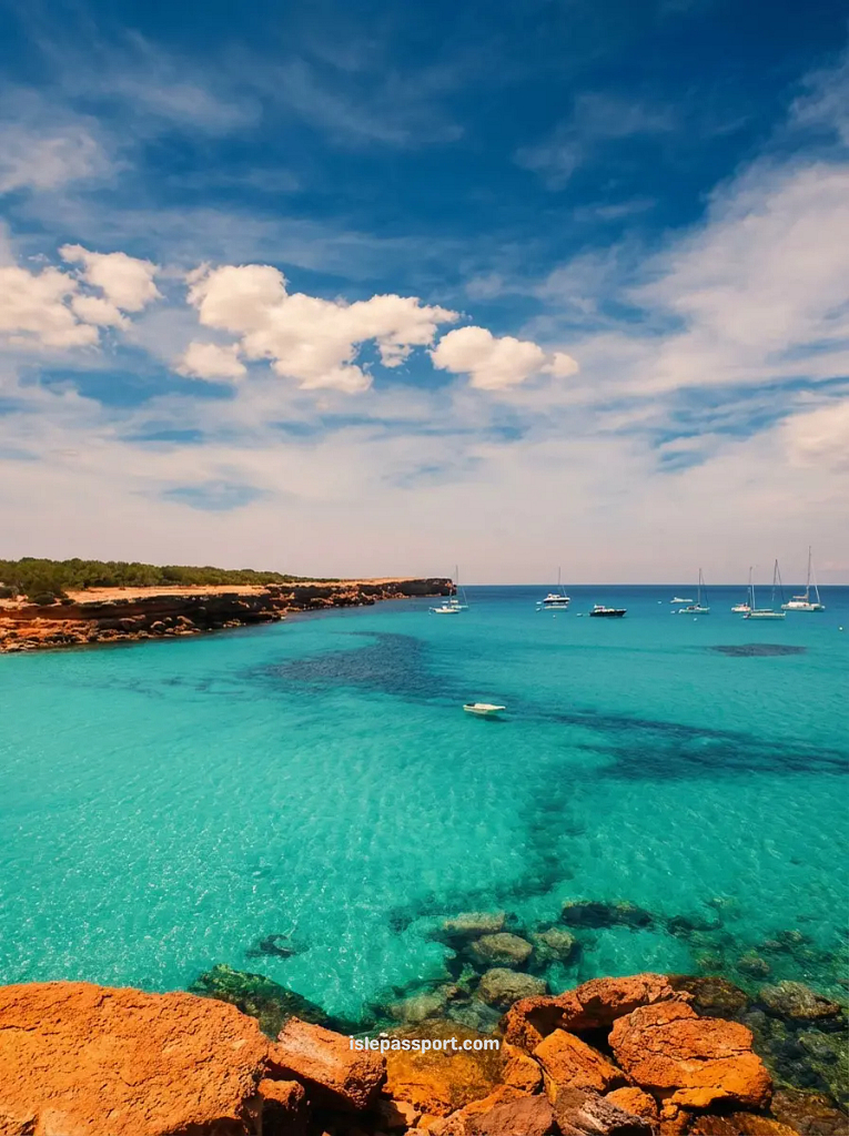 A vibrant high-angle scenic view of the protected cove of Cala Saona in Formentera, displaying Caribbean-like electric turquoise water, red-orange rocky cliffs, several anchored yachts, and distant land under a bright blue sky with white clouds.