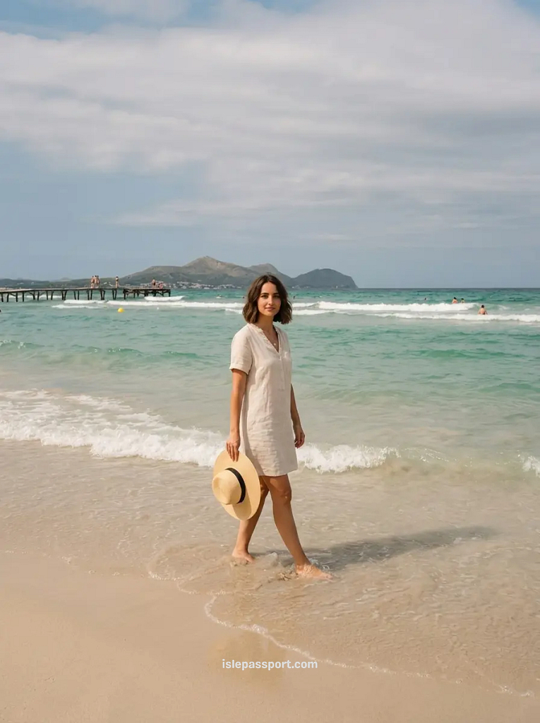 A woman in a light linen dress walks barefoot in the very shallow, gentle surf of Playa de Muro, Mallorca, holding a straw hat, with mountains and a long wooden jetty in the distance under a sunny sky.