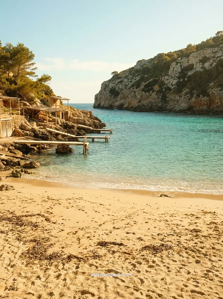 Scenic photograph looking into the cove of Cala d'en Serra in Ibiza, showing vibrant turquoise water, small rustic wooden swimming platforms, sandy beach, and rocky pine-covered cliffs.