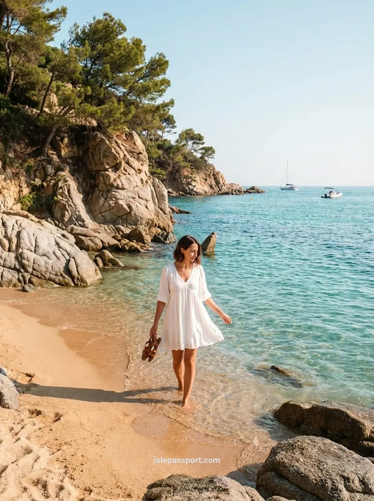 Wide shot of a woman in a short white dress, holding sandals and walking barefoot through the clear water of Cala Estreta on the Costa Brava, Spain, with large boulders and a distant sailboat in the background.