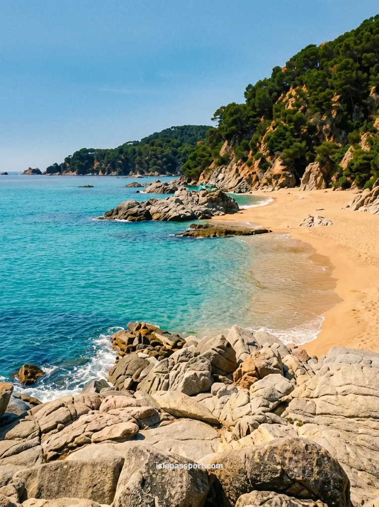 Landscape view of the secluded bay of Cala Sa Boadella north of Lloret de Mar, Costa Brava, featuring deep turquoise water, large orange boulders, golden sand, and lush green pine trees lining the cliffs under a clear blue sky.