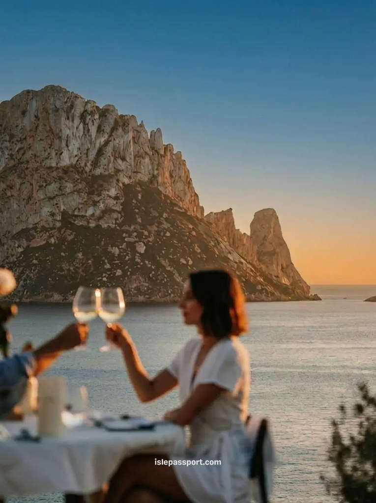 A slightly blurred woman in a white dress at a candlelight dinner table toasts with wine glasses at sunset, overlooking the dramatic Es Vedrà rock formation and turquoise Mediterranean water at Cala Comte, Ibiza.