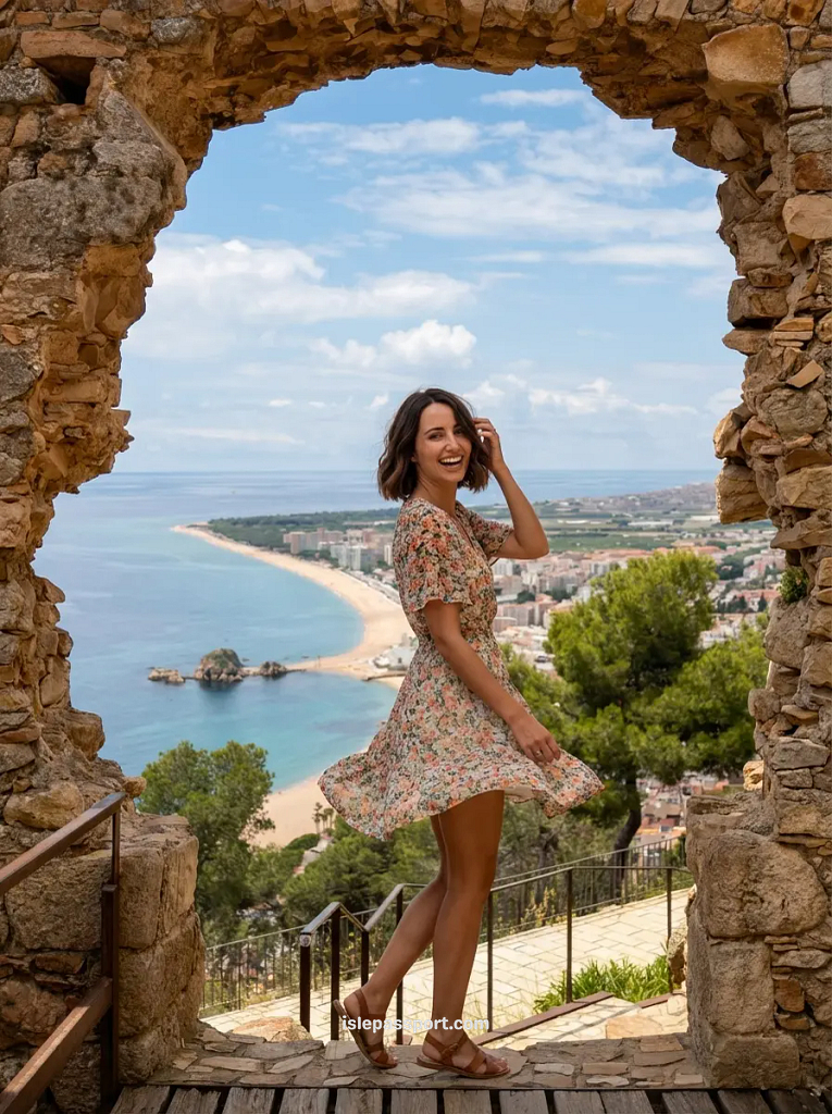 A woman in a floral dress looking out through a stone archway at the town of Blanes and its long sandy beach.