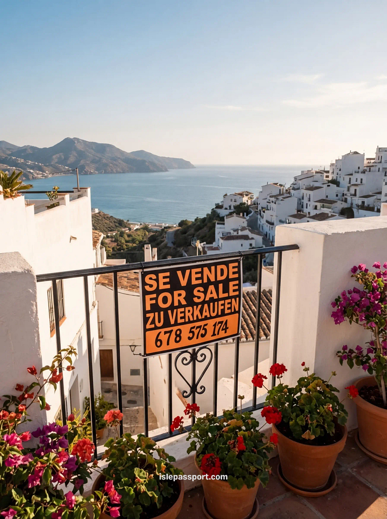 A view from a private balcony in a white Andalusian village, showing colorful potted geraniums and bougainvillea on the railing, next to an orange "For Sale / Se Vende" sign, with the Mediterranean coastline and mountains in the far distance under a golden hour light.
