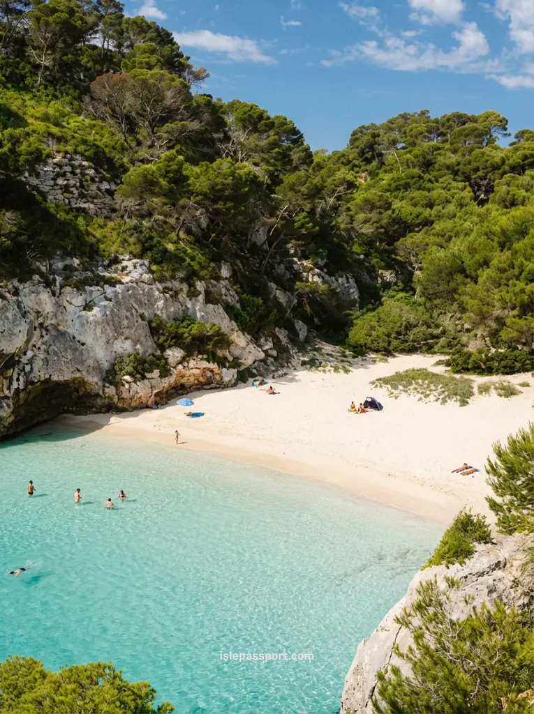 High-angle landscape shot of Cala Macarella in Menorca, one of the best beaches in Spain, showing its vibrant turquoise water, white sand, and dense pine forests lining the limestone cliffs.