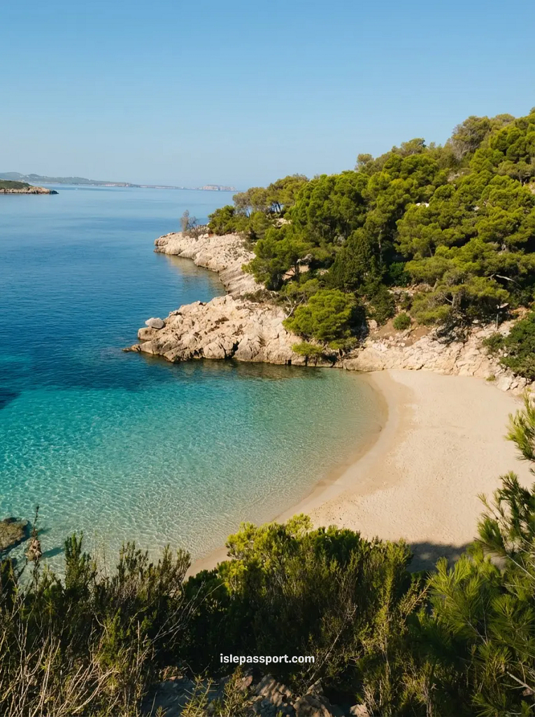 High-angle scenic view of Cala Saladeta in Ibiza, showing a crescent-shaped sandy beach, crystal-clear shallow water, and rocky cliffs covered in lush green pine trees.