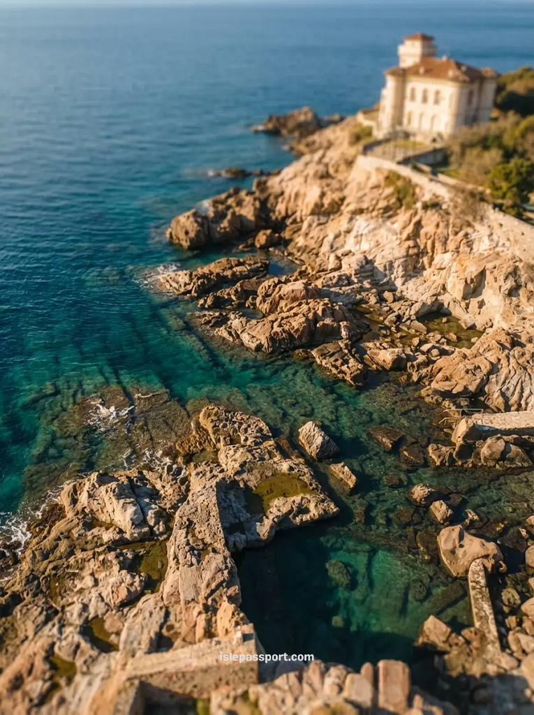 Aerial view of the clear, turquoise sea and dramatic rocky coastline at Calafuria, near the beach in Livorno, Italy.