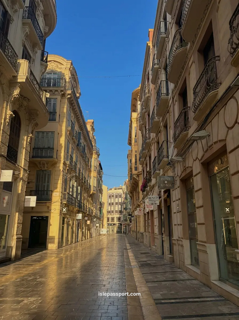 Empty pedestrian street in Málaga's Centro Histórico with Belle Époque buildings and morning golden light