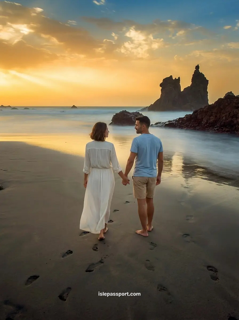 A back-view of a couple in light-colored beachwear holding hands and walking barefoot on the dark volcanic sand of Playa de Benijo, Tenerife, towards a massive rock stack formation under a dramatic golden and orange sunset sky.