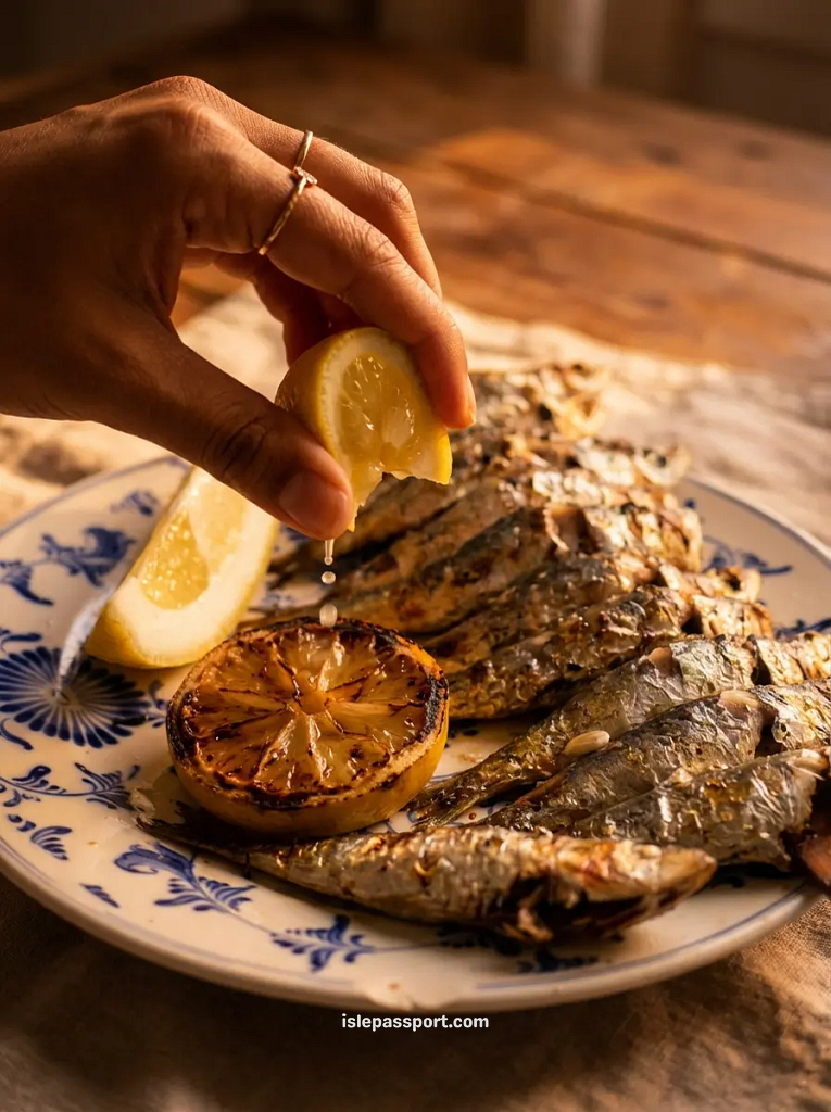 Traditional Málaga espetos grilled sardines on blue and white ceramic plate at a chiringuito beach restaurant