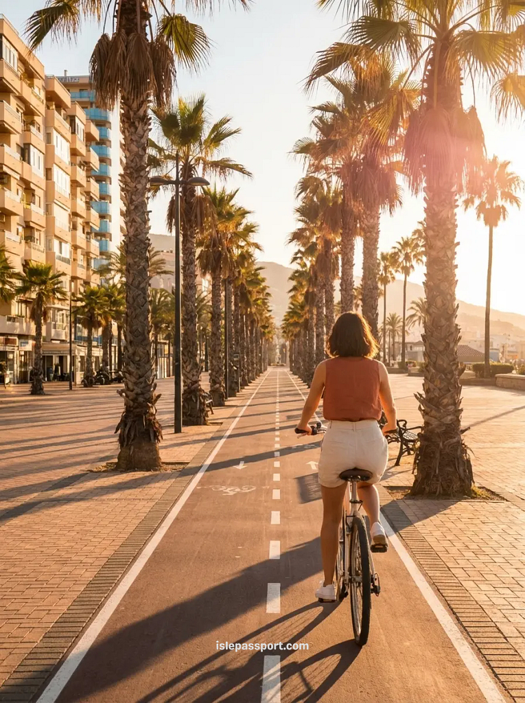 Fuengirola beach promenade palm-lined boulevard at golden hour with cycle path stretching to the horizon
