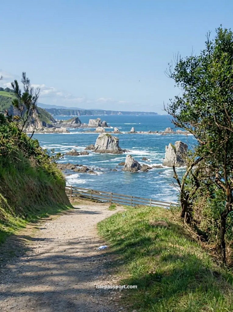 A view down a rugged, unpaved coastal trail bordered by grass and brush, leading toward a wooden safety fence and the dramatic vertical sea stack formations in the dark blue Atlantic ocean at Playa del Silencio, Asturias.