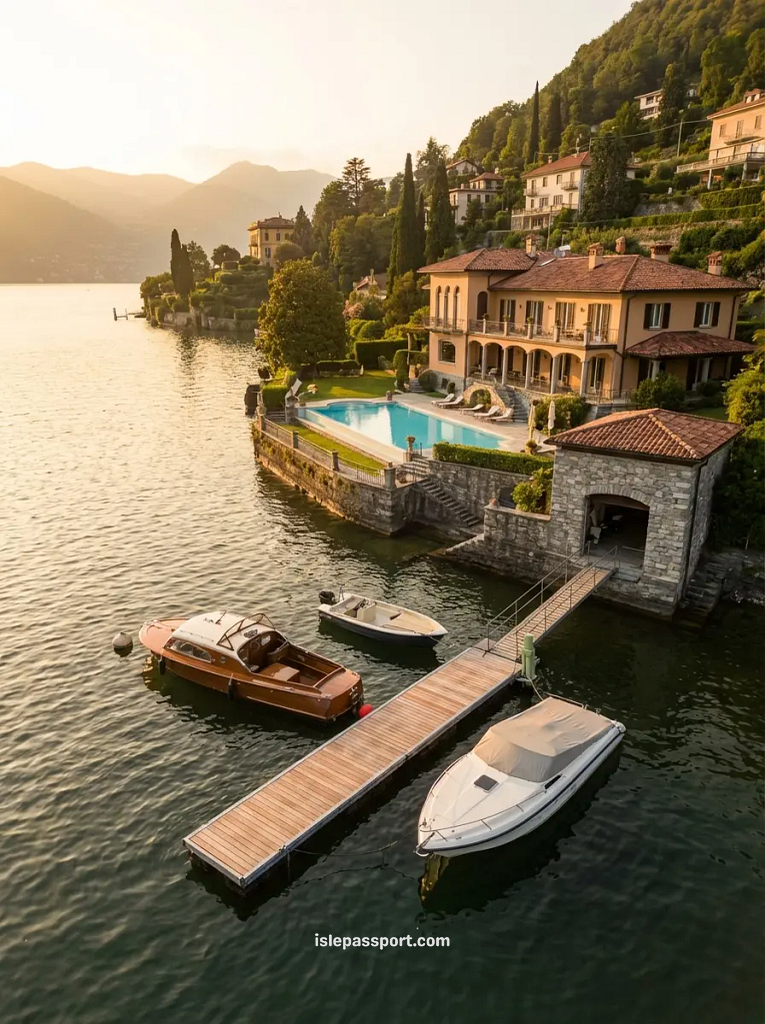 An elevated view of a modern private villa on Lake Como, Italy, featuring a prominent infinity swimming pool, a private wooden dock, and three speedboats moored at sunset.