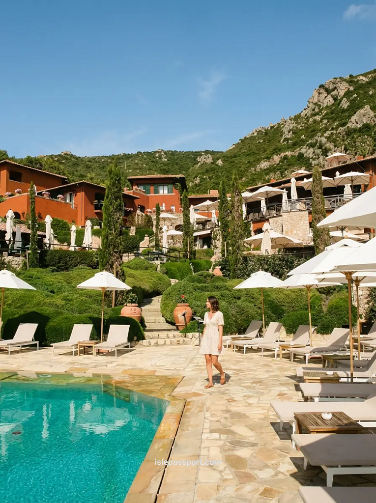 A woman in a white dress walks past a luxury swimming pool at Hotel Il Pellicano in Porto Ercole, featuring tiered gardens, terracotta buildings, and the rugged Tuscany coastline.
