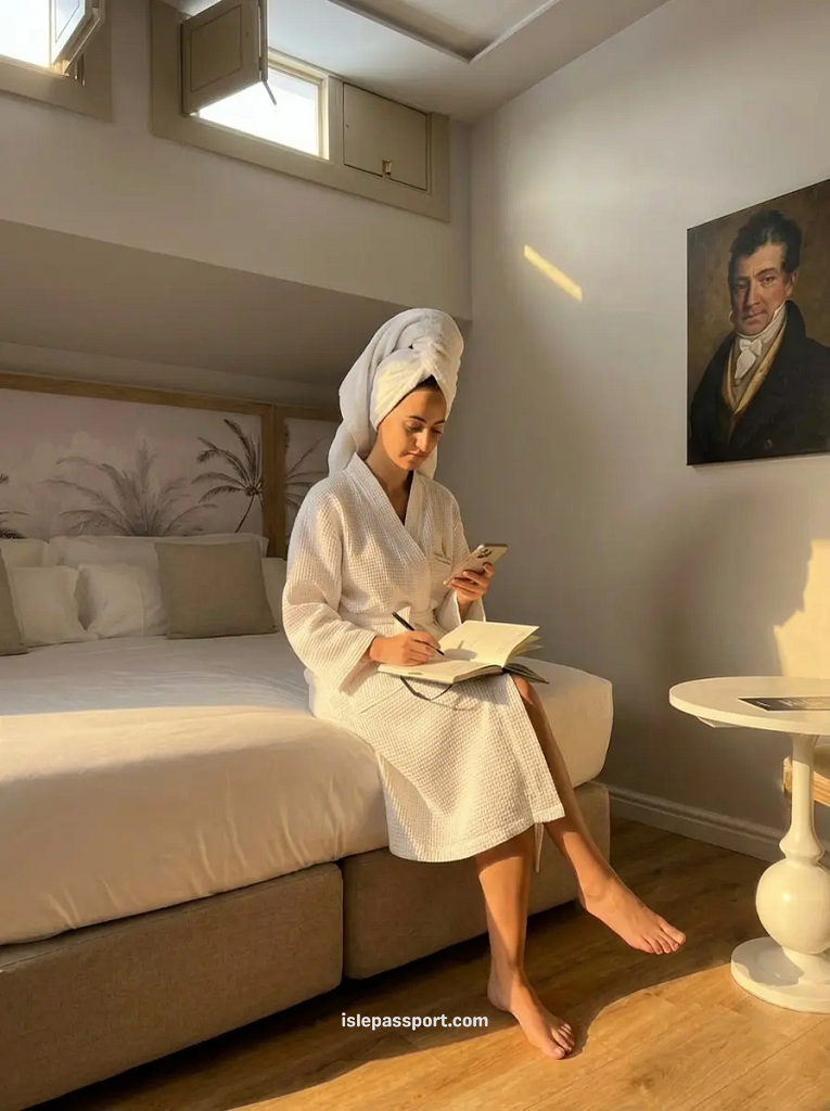 ICON Malabar boutique hotel room in Málaga with warm wood floors, tropical artwork and skylight
