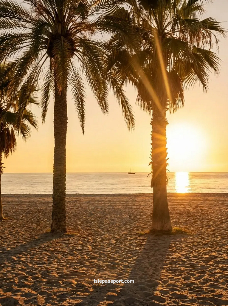 Golden hour at La Malagueta beach in Málaga, with palm trees framing the Mediterranean Sea, highlighting one of the warmest places to live in Spain.