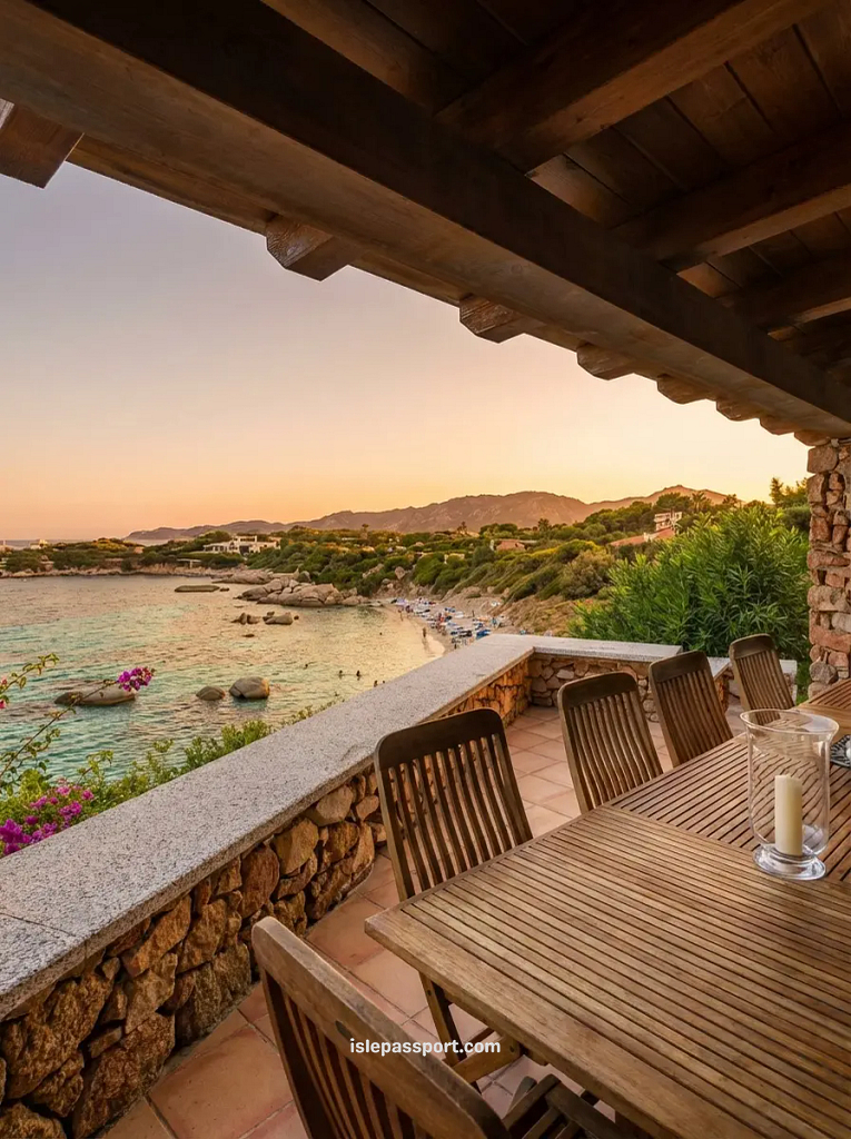 Beachfront villa terrace in Sardinia with a long wooden dining table overlooking a quiet cove and golden sunset.