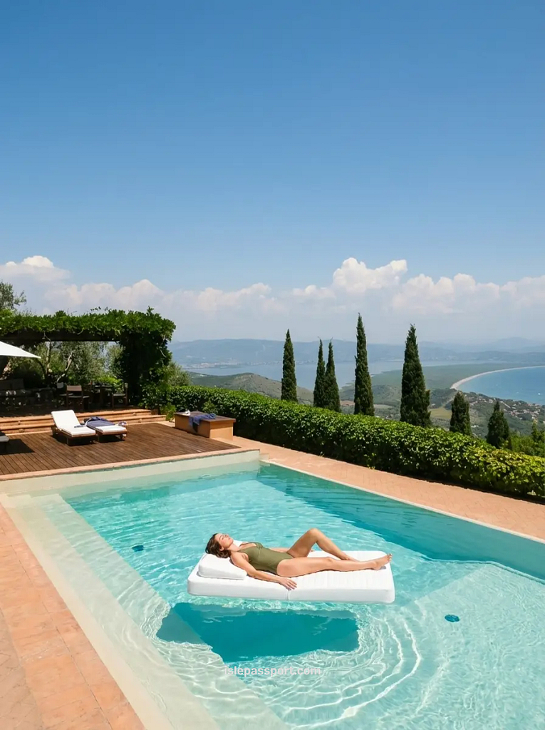 A woman relaxes on a pool float in an infinity pool at a luxury Tuscany coastal villa overlooking the Mediterranean Sea and rolling hills.