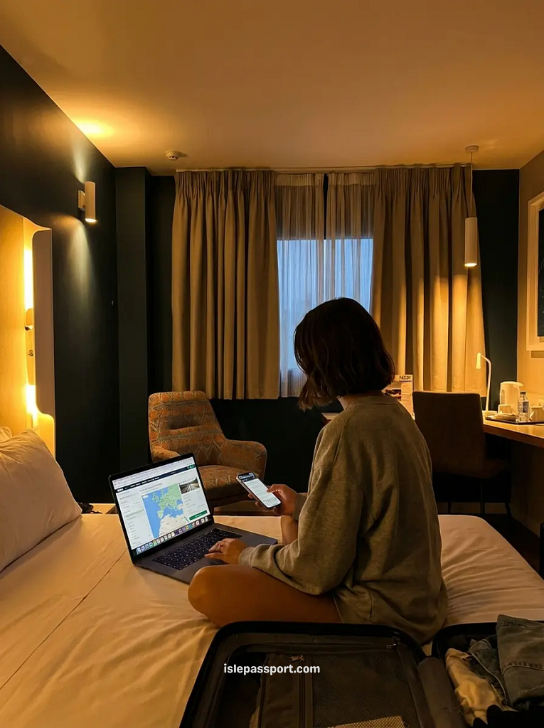 Cosy hotel room near Málaga airport with warm lighting and modern teal décor for overnight stays