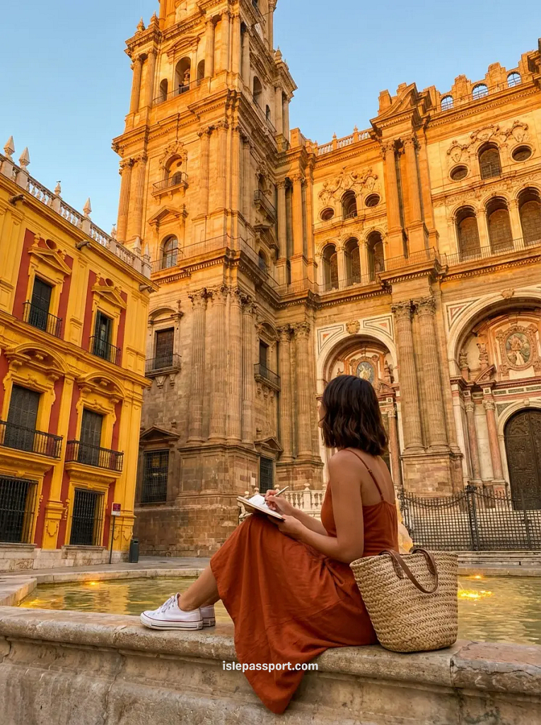 Málaga Cathedral baroque tower and Bishop's Palace at golden hour sunset with fountain in foreground