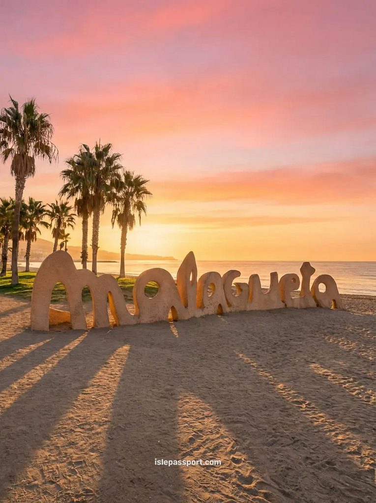 Iconic Malagueta sand sign on La Malagueta beach Málaga at sunrise with palm trees and pastel sky