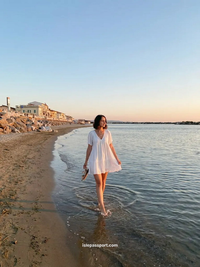 A woman walks barefoot in the calm, shallow water at Marina di Pisa, the closest beach to Pisa Italy, at sunset.