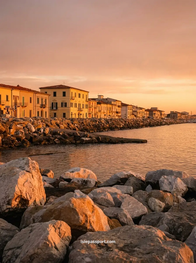 A close-up view of the massive stone breakwaters that form the shoreline in Marina di Pisa, Italy, against a golden hour sky