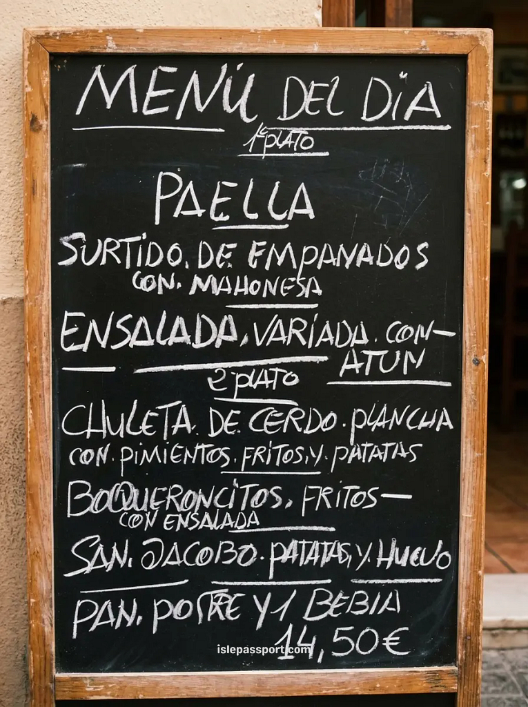 A close-up of a traditional Spanish restaurant chalkboard menu (Menú del Día) in handwritten white chalk, listing Paella, various tapas, and a main course for €14.50, including bread, dessert, and a drink, serving as a real-world example of affordable coastal living in Spain.