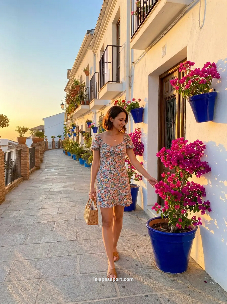 Whitewashed street in Mijas Pueblo with cobalt blue ceramic flowerpots and golden hour light
