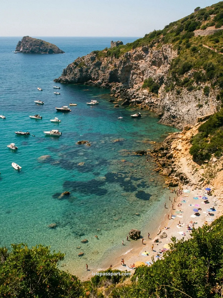 Rugged cliffs and clear turquoise water at Monte Argentario, Maremma, Tuscany, with small boats moored in a secluded cove.